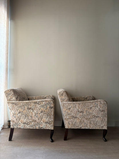 Danish floral upholstered lounge chairs. Sold individually.