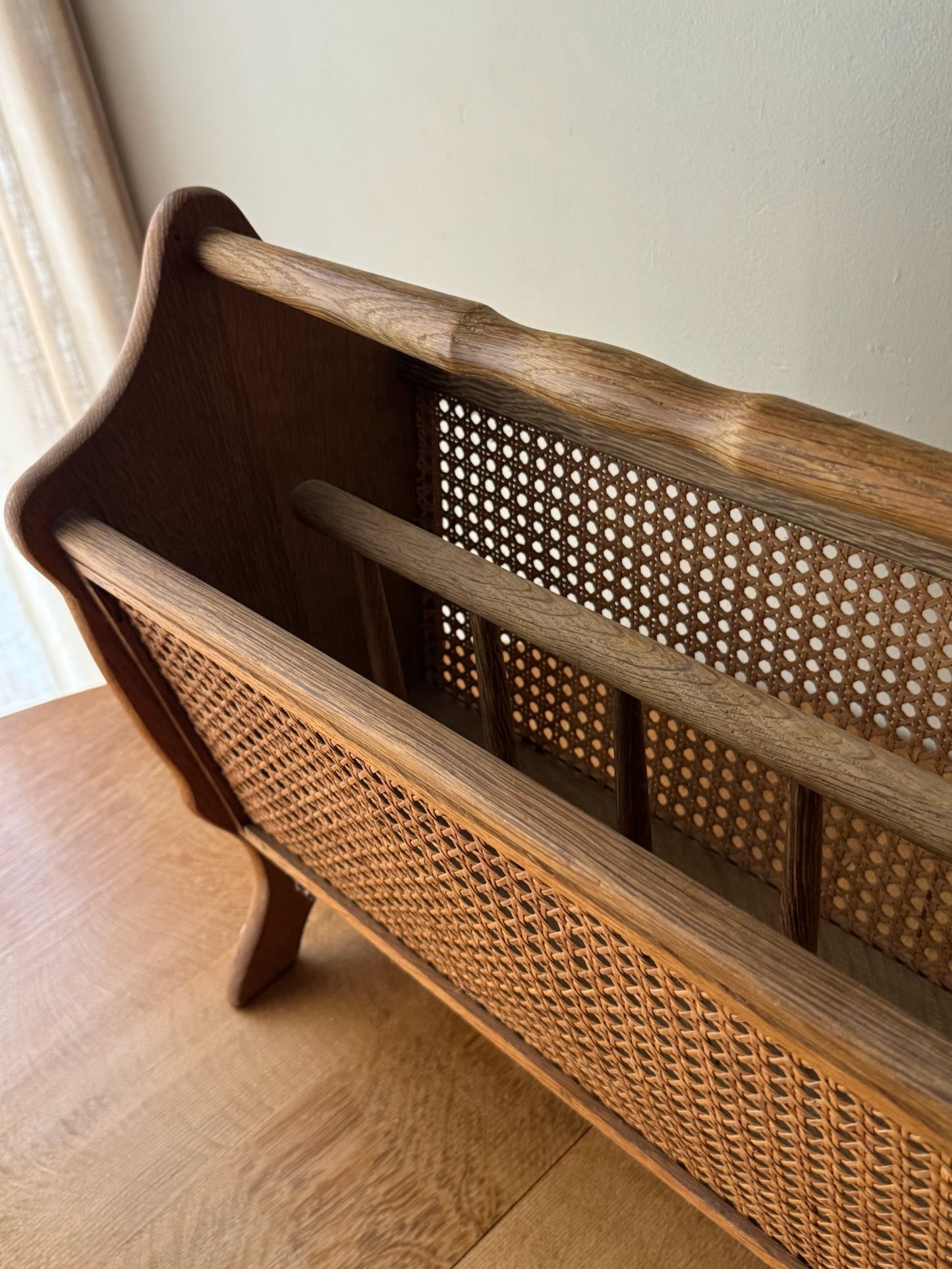 Scandinavian oak & cane magazine rack
