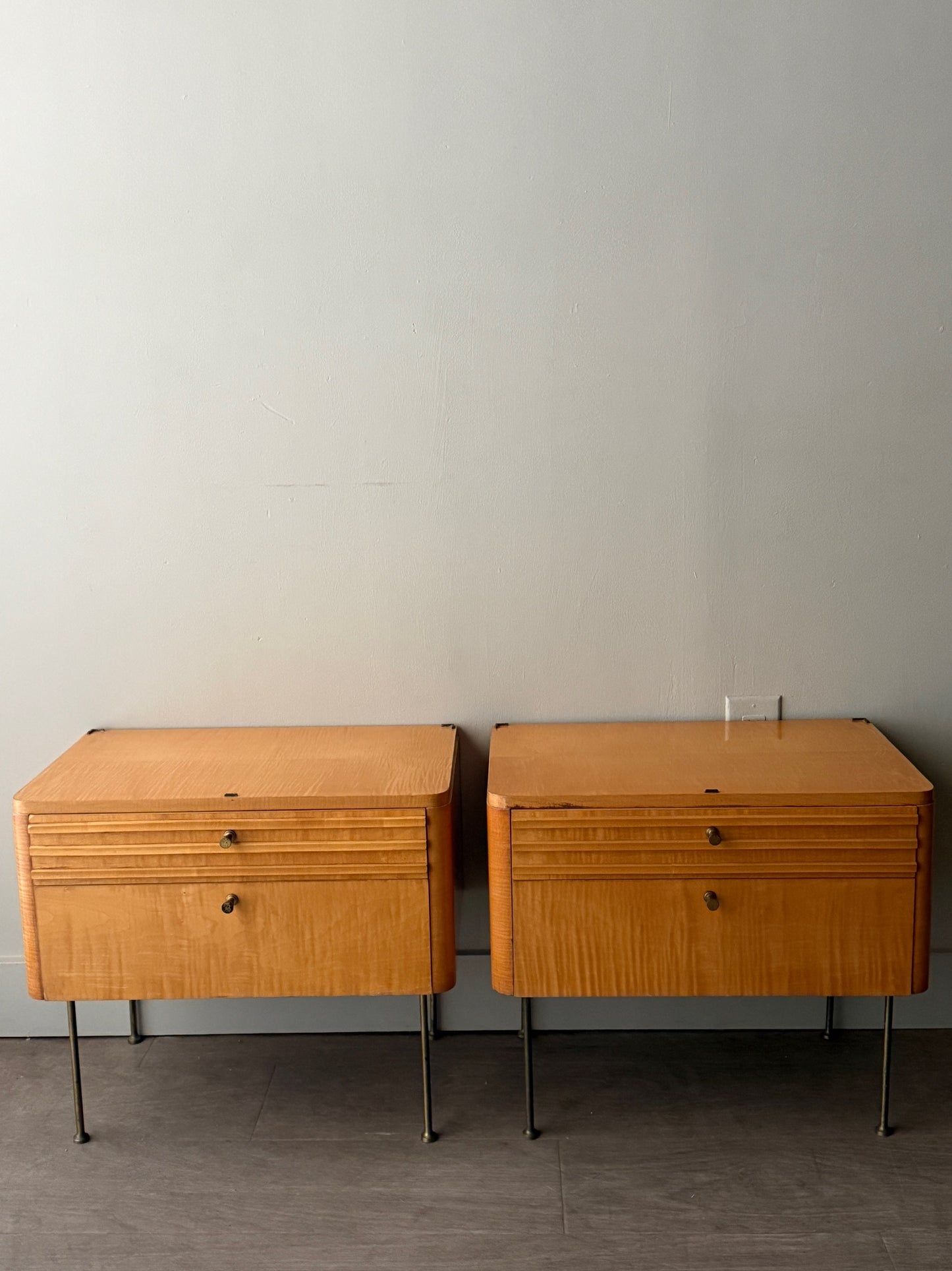 Figured maple nightstands. Sold as a pair.