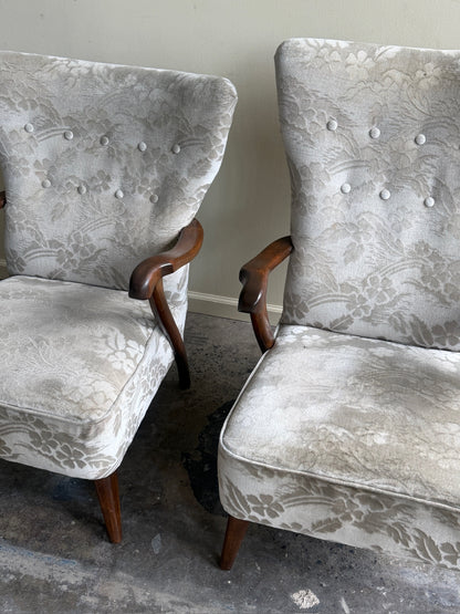 Danish wingback grey floral velvet lounge chairs (left)