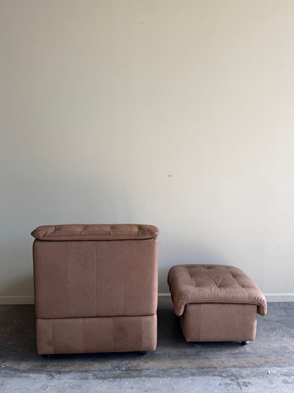 Swiss brown leather lounge chair with ottoman