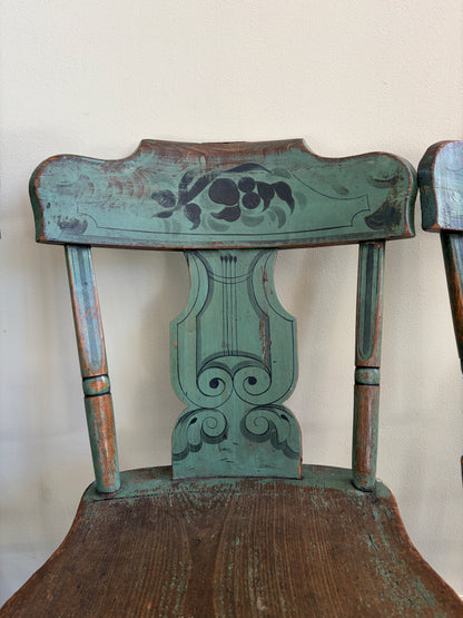 Pennsylvania Sheraton Paint-Decorated Plank Seat Chairs. Sold in pairs.