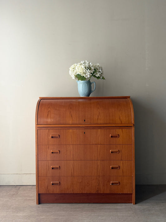 Scandinavian teak roll top secretary dresser