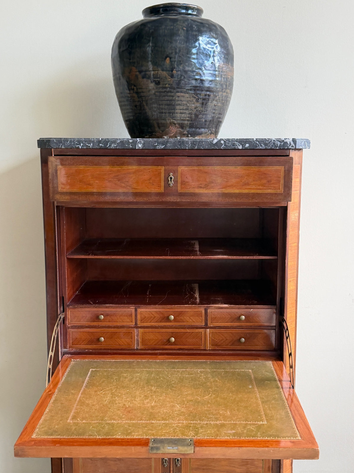 Walnut & mahogany marble top secretary cabinet
