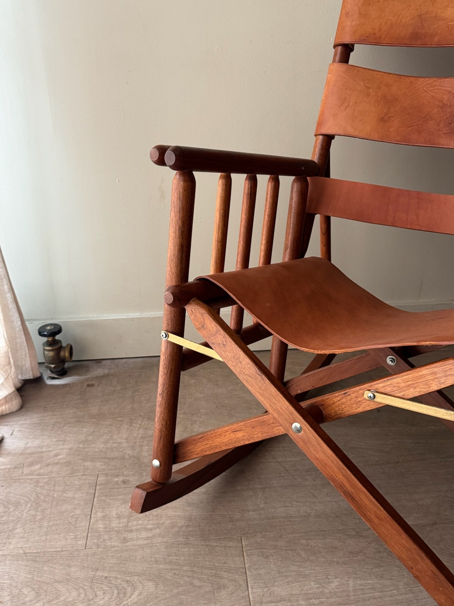 Folding Leather and Walnut Rocking chair