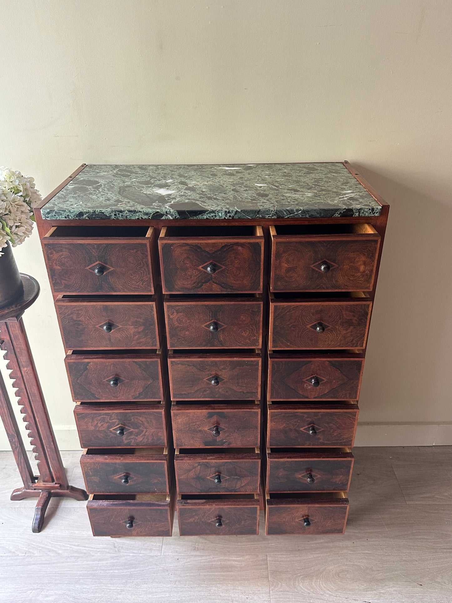 Vereinigte Werkstatten walnut and marble apothecary drawers