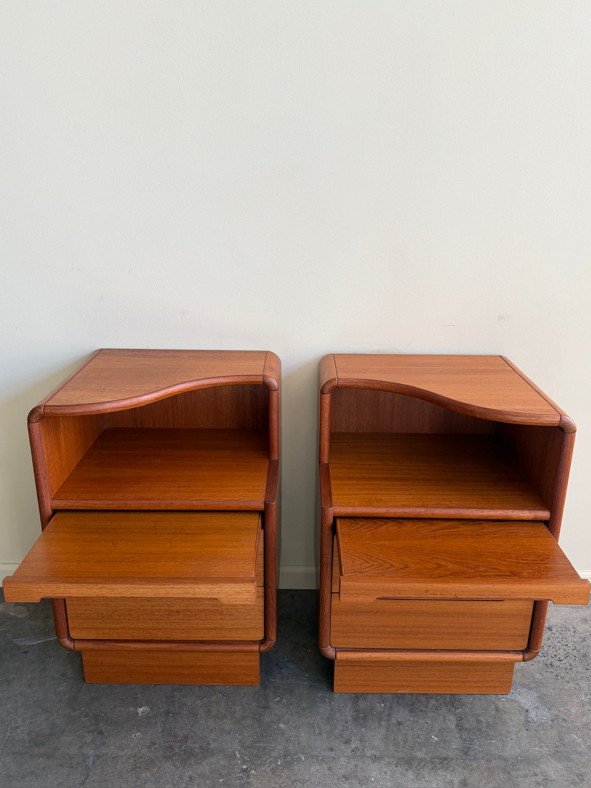 Sun Cabinet Co. teak nightstands. Sold as a pair.