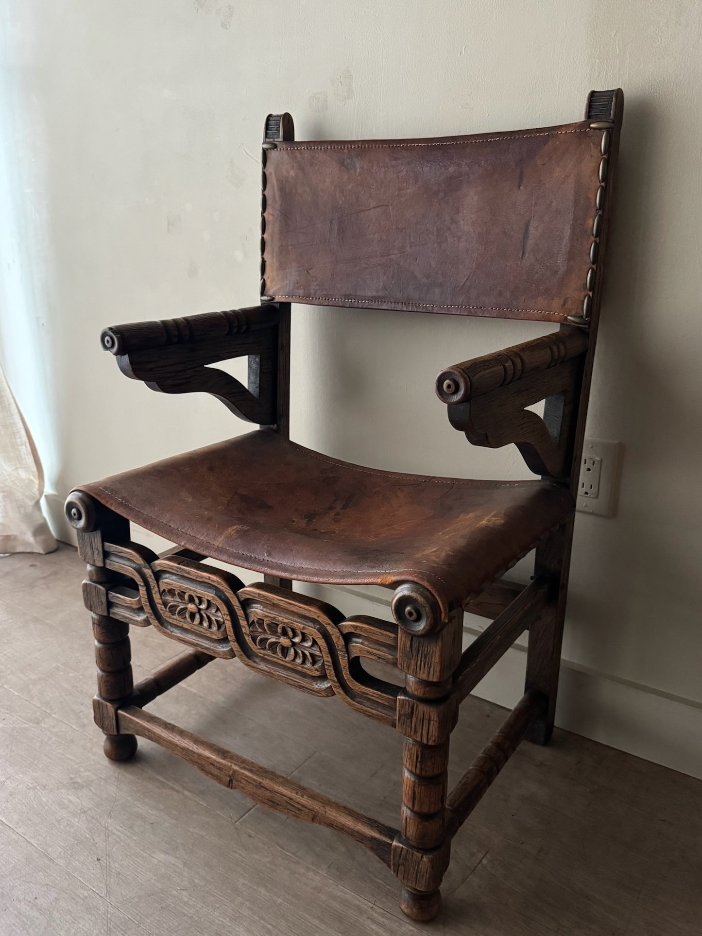Spanish leather & oak arm chair