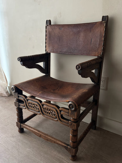 Spanish leather & oak arm chair