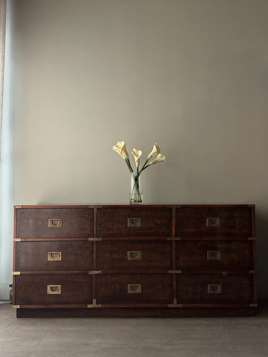 Drexel campaign 9 drawer walnut dresser