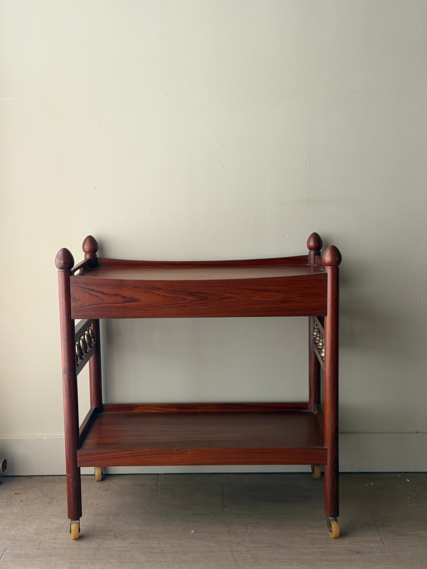 Danish rosewood bar cart with brass bells