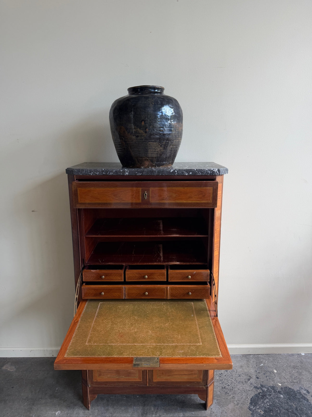 Walnut & mahogany marble top secretary cabinet