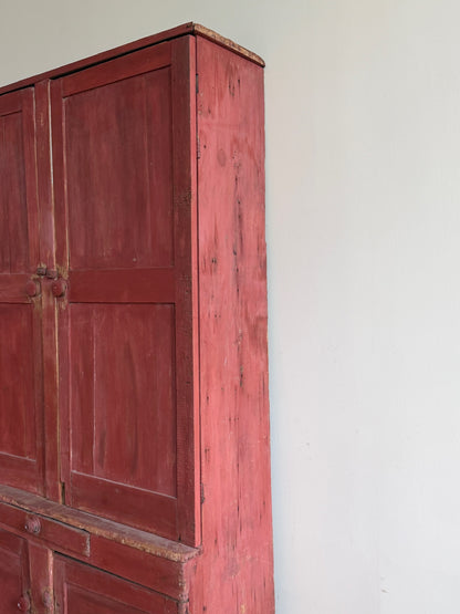 Pennsylvania red painted pine one piece stepback cupboard