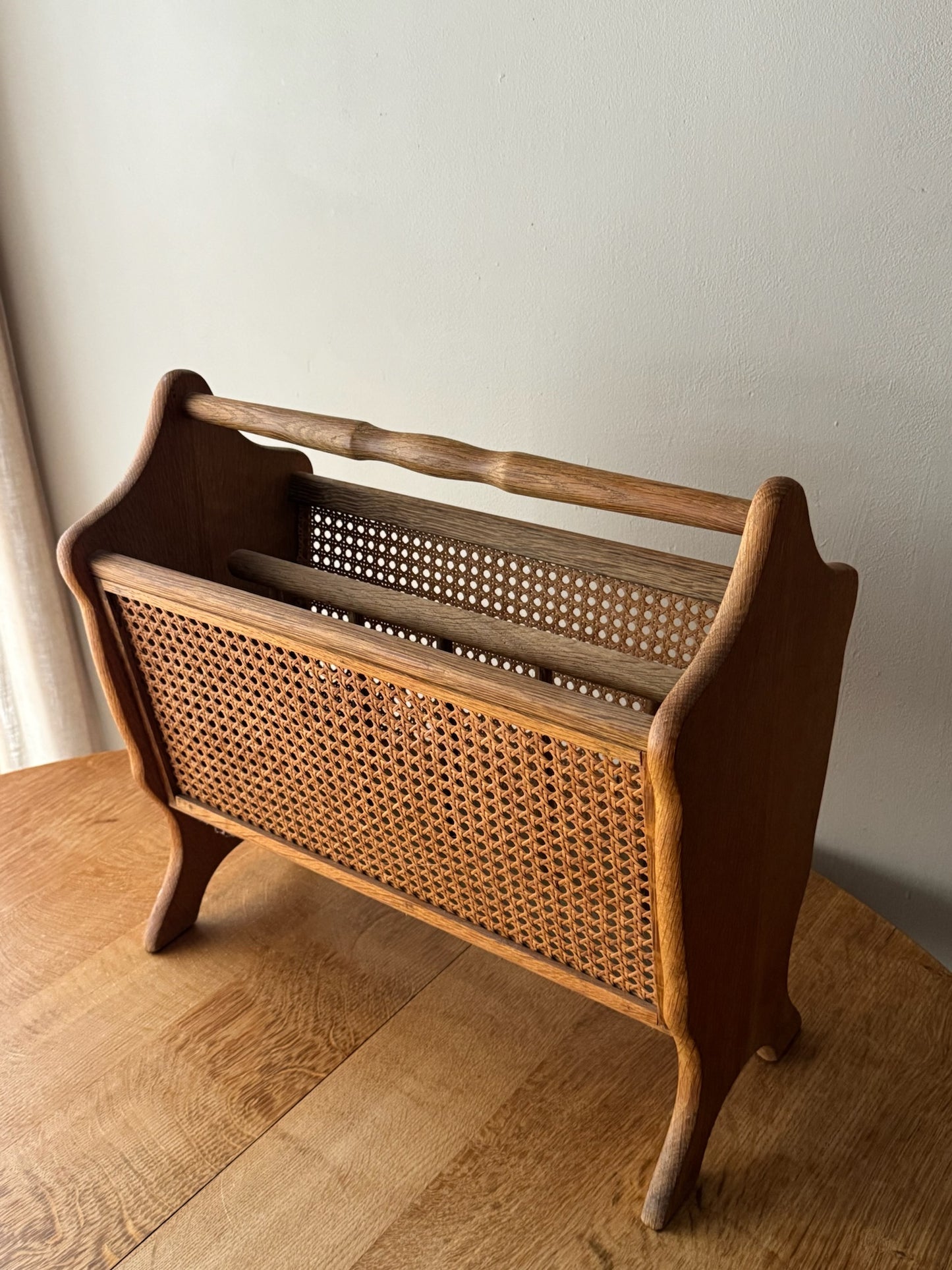 Scandinavian oak & cane magazine rack