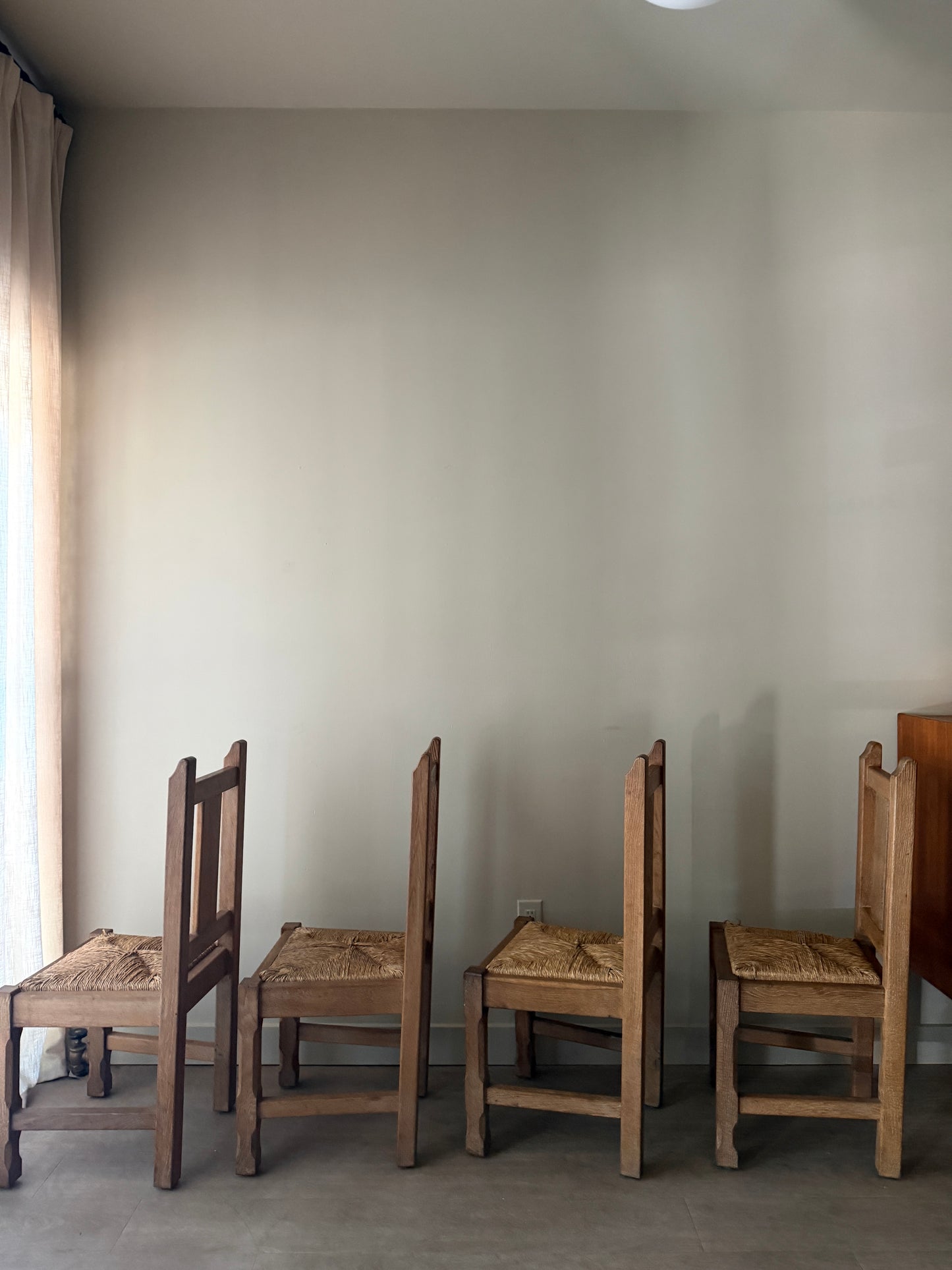 Belgian De Puydt oak & rush dining chair. Sold as a set of 4.