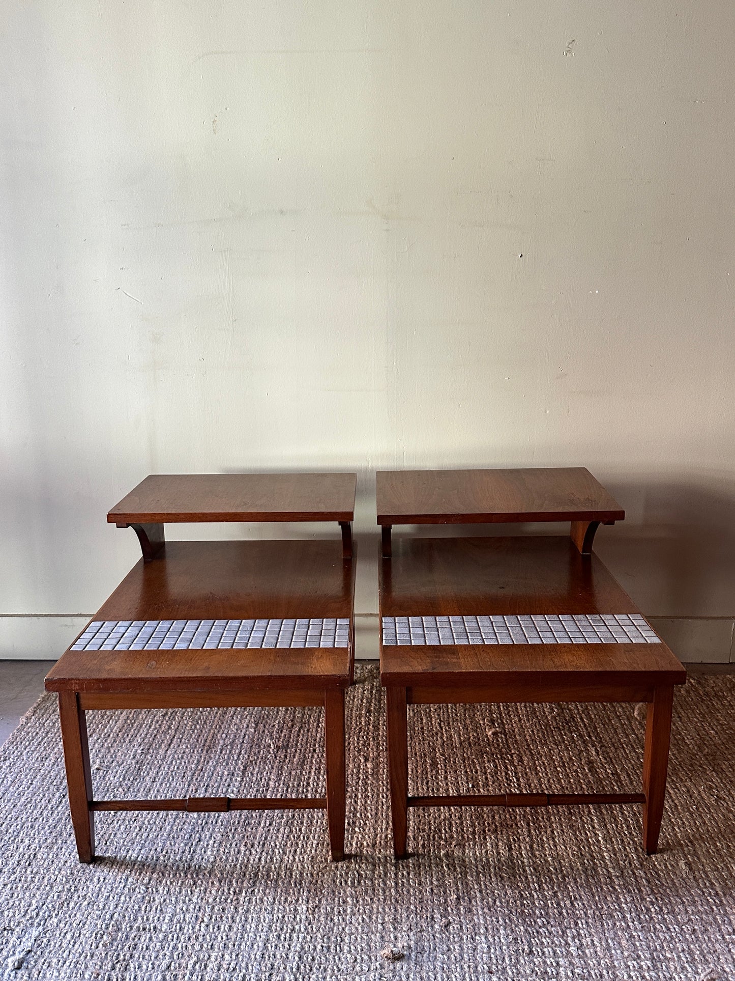 Pair of walnut and tile side tables. Sold individually