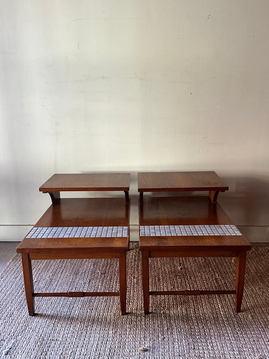 Pair of walnut and tile side tables. Sold individually