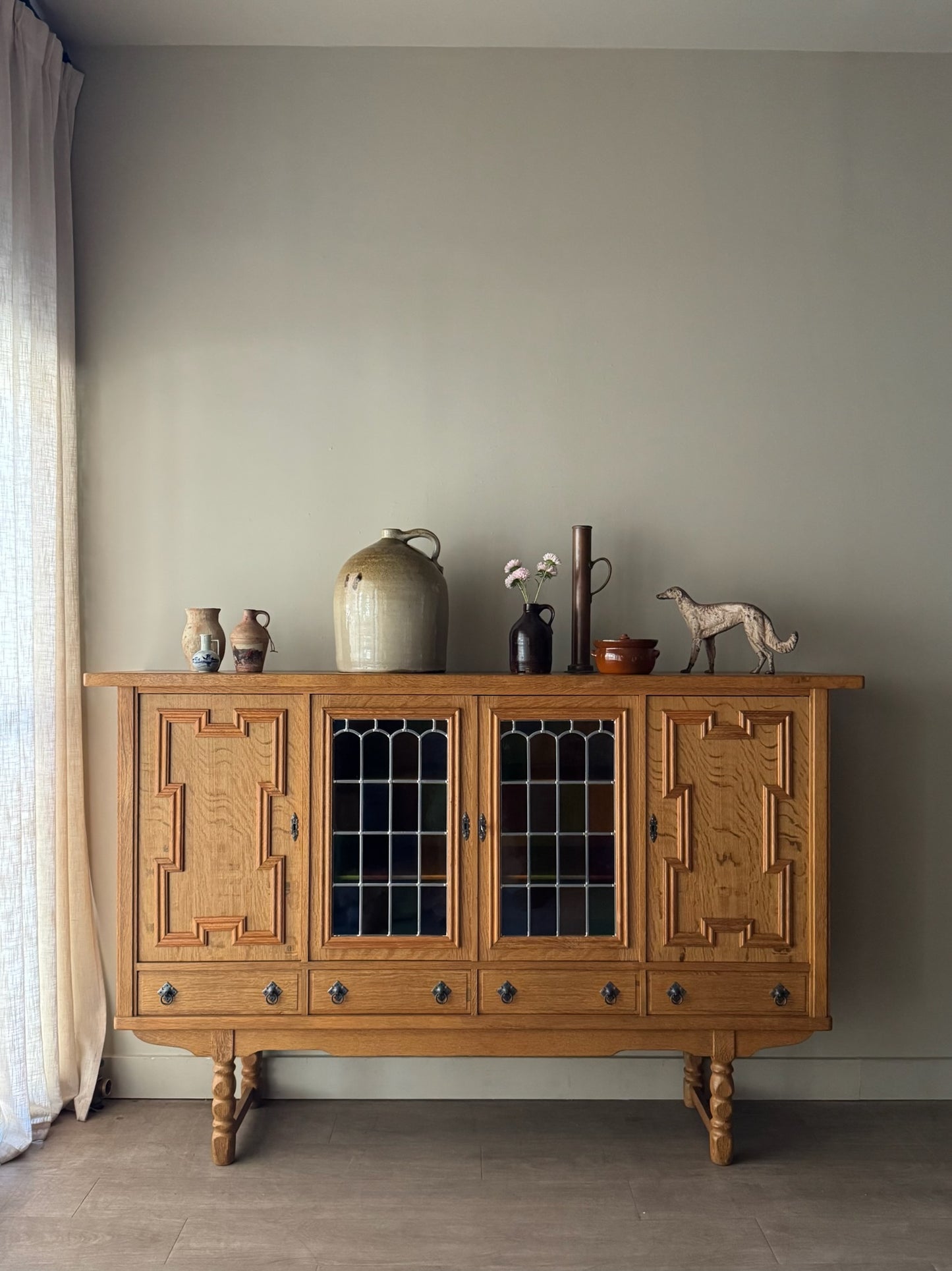 Danish oak sideboard with stained glass doors