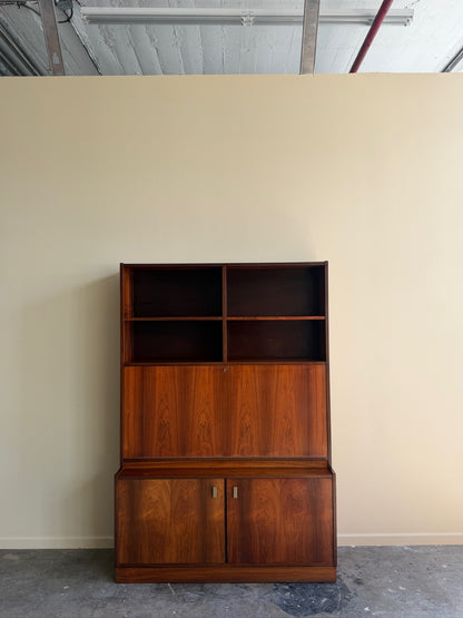 Danish rosewood bookcase cabinet with drop down bar