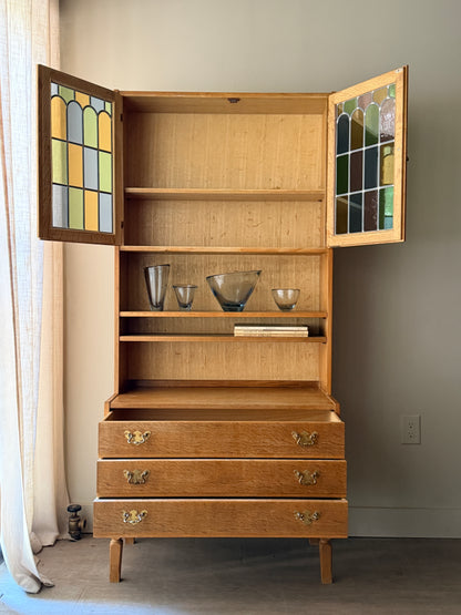 Danish oak & stained glass two piece hutch
