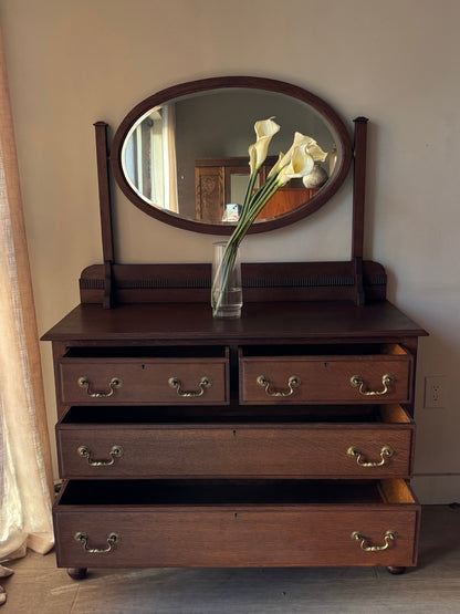English Queen Anne oak dresser with mirror