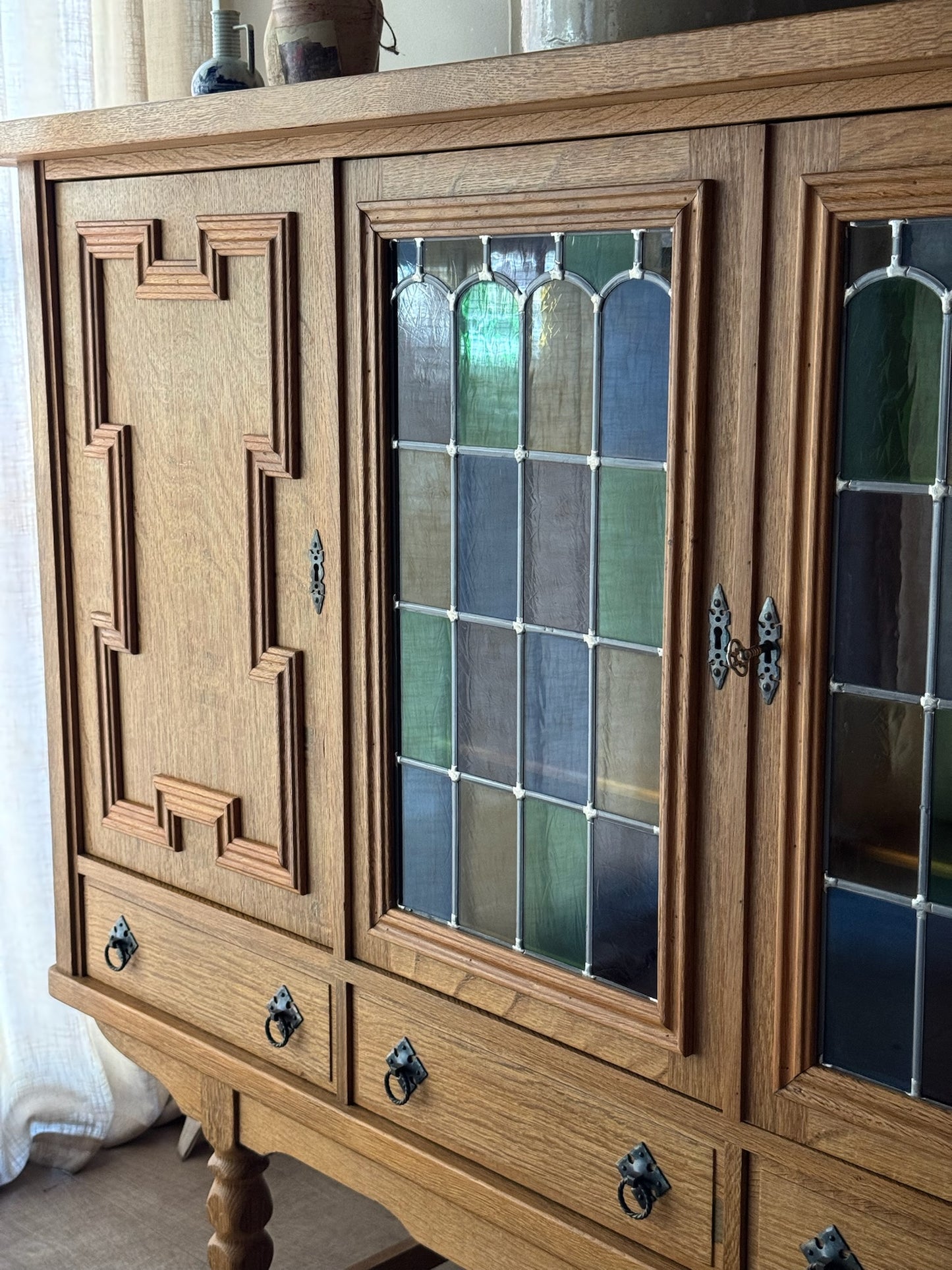 Danish oak sideboard with stained glass doors