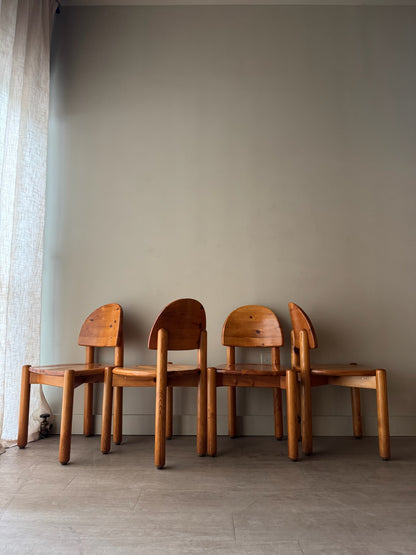 Rainer Daumiller pine dining chairs with satin finish. Sold as a set of 4.