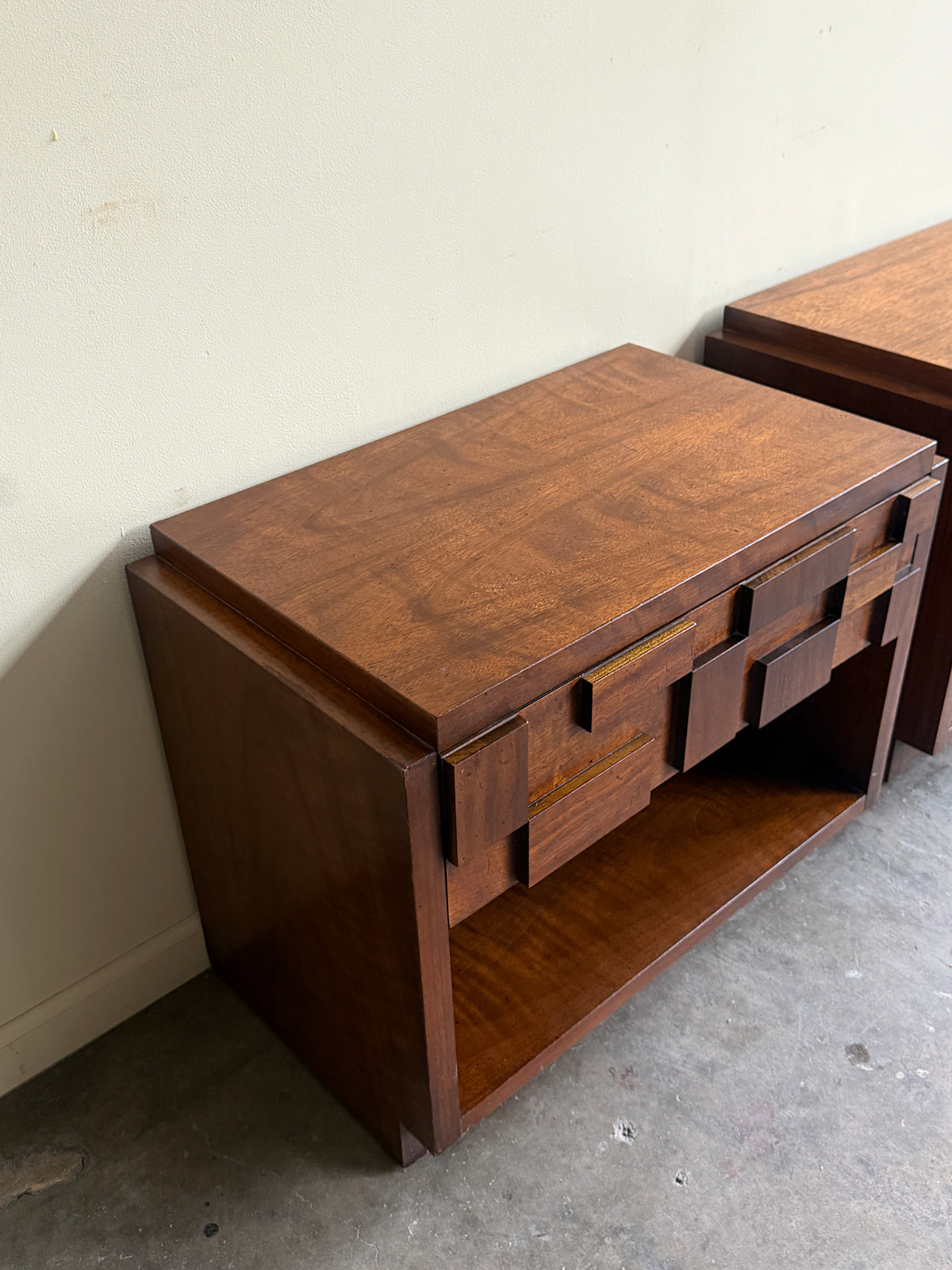 Lane Brutalist walnut nightstands. Sold as a pair.