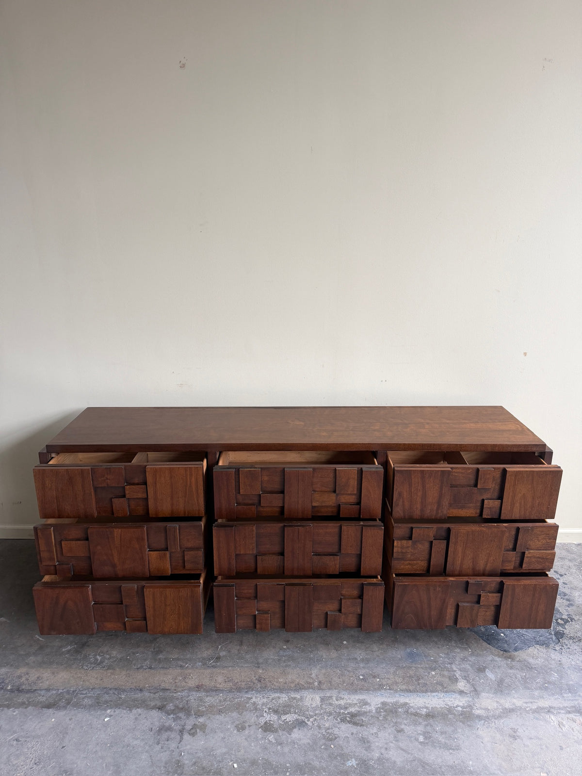 Lane Brutalist walnut 9 drawer dresser
