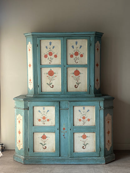 Two piece folk painted Swedish hutch