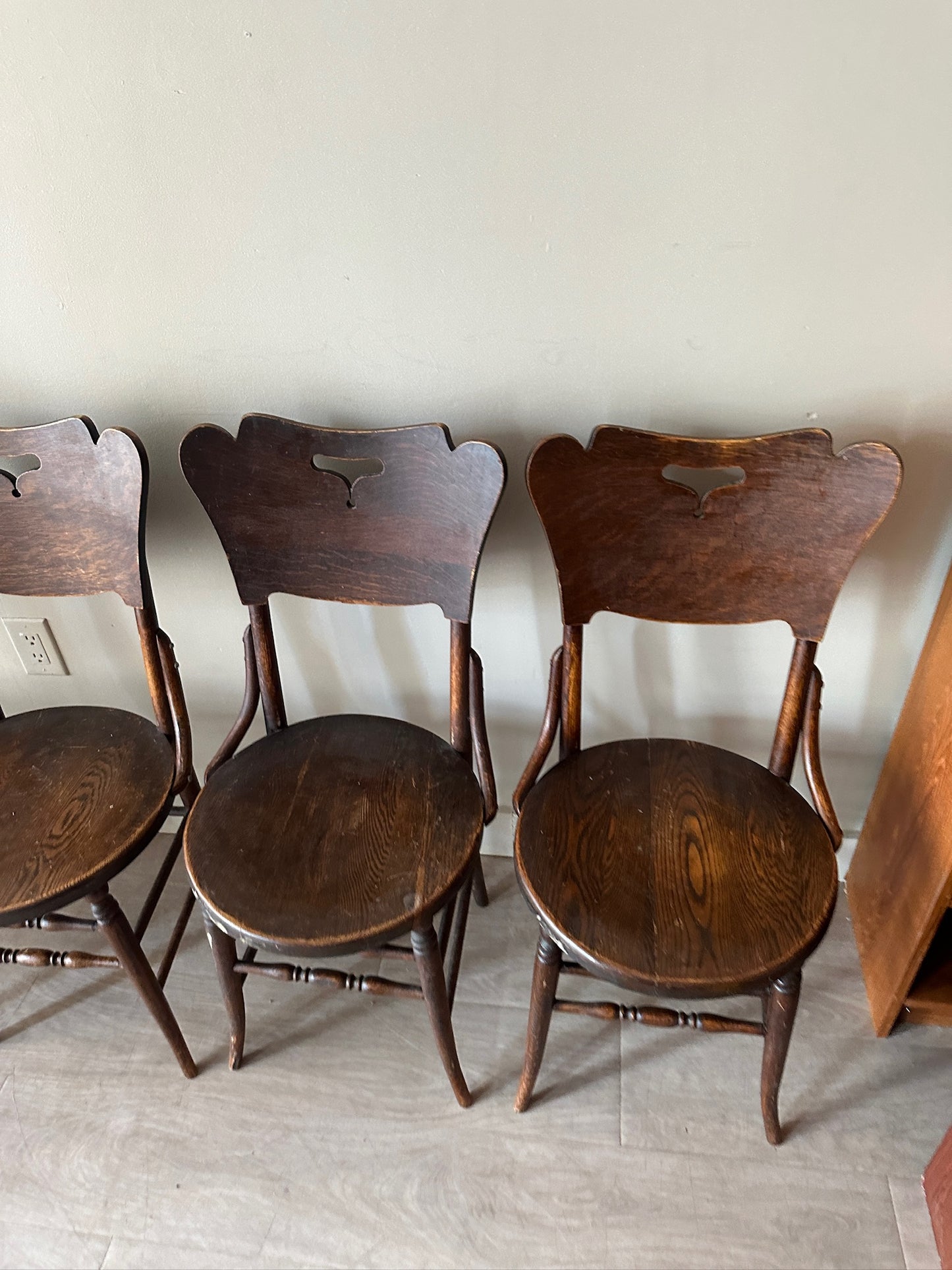 6 dark oak parlor chairs. Sold in sets of 2.