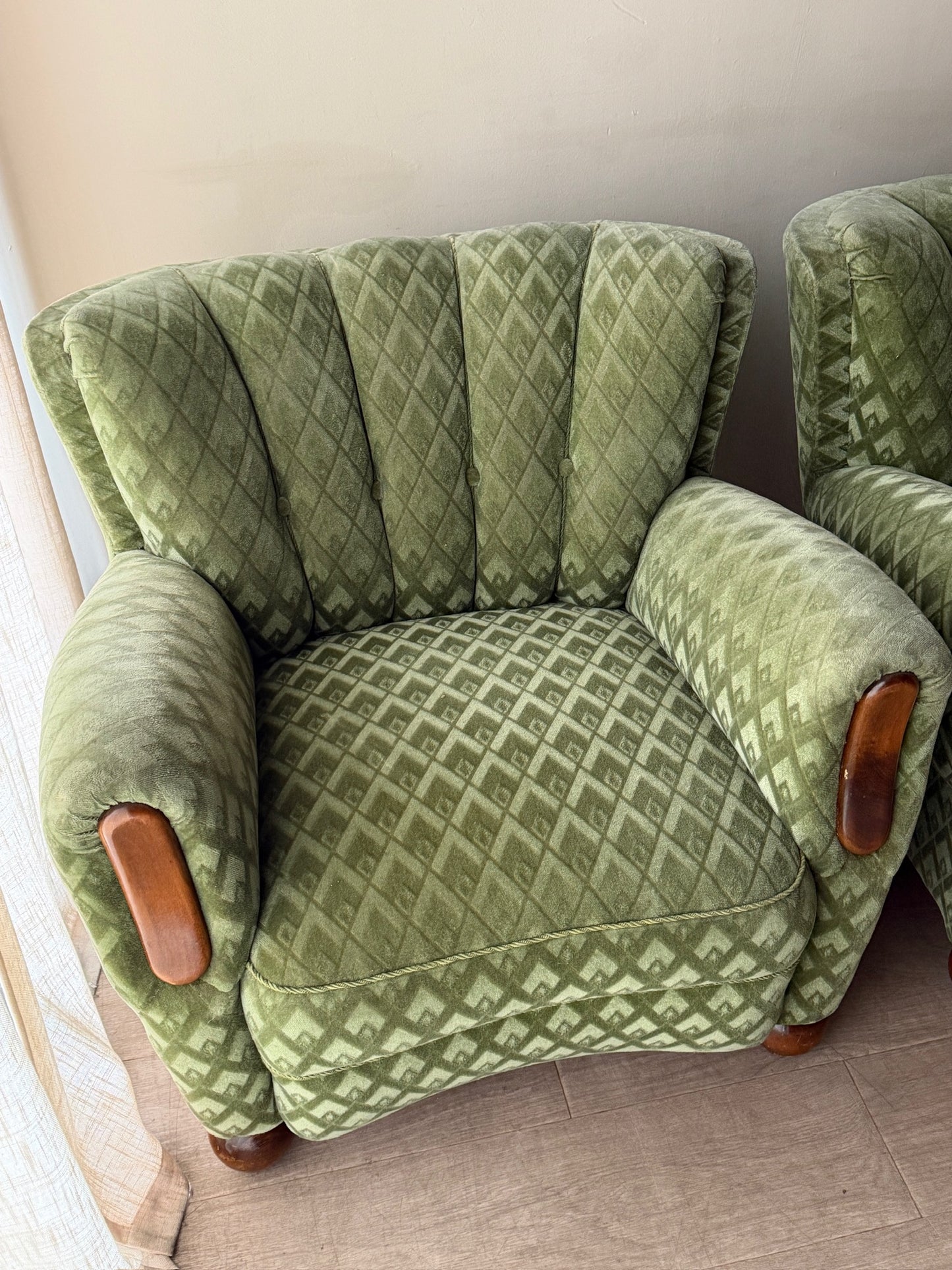 Danish velour club chairs. Sold individually.
