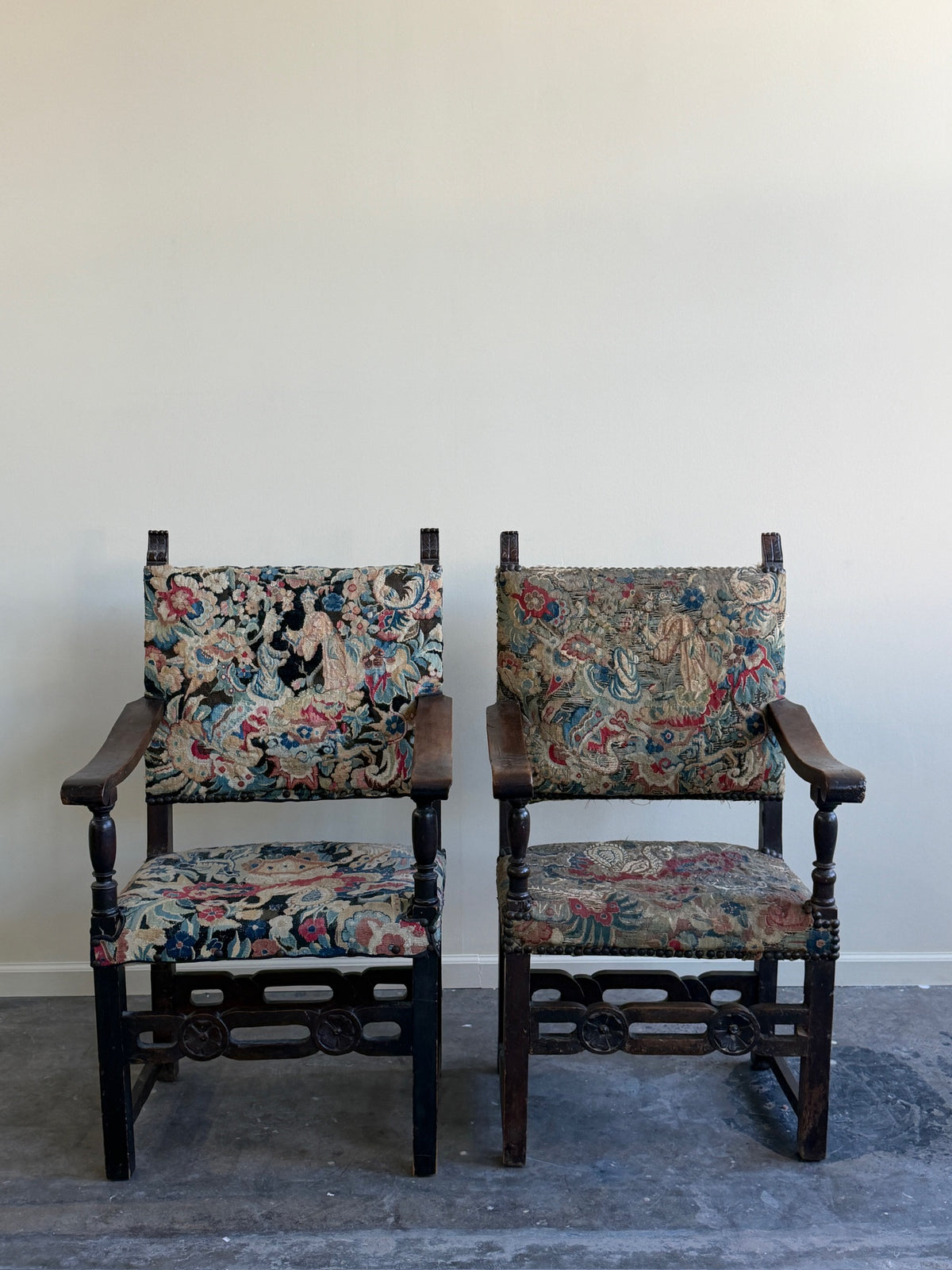 Italian Baroque upholstered walnut armchairs (right)