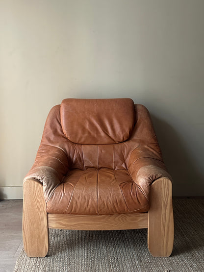 French leather and pine lounge chair