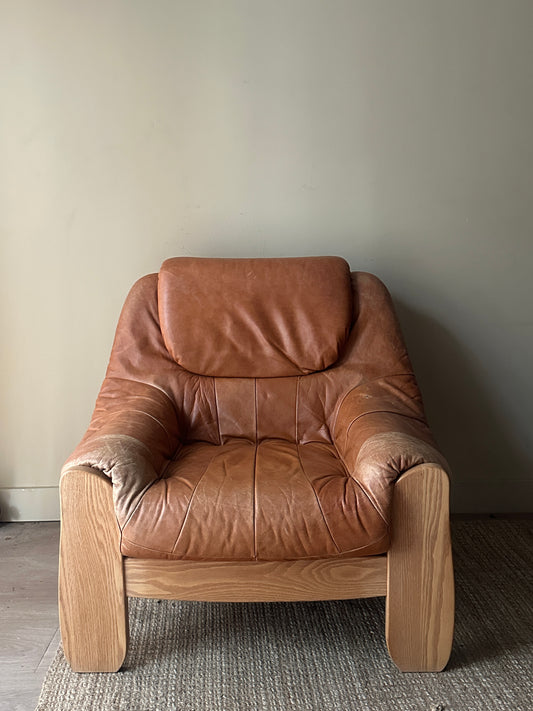 French leather and pine lounge chair