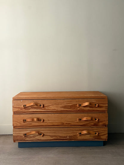 Small Swedish pine chest of drawers with leather pulls