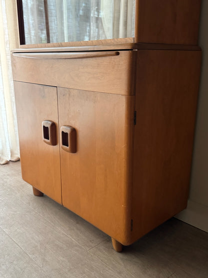 Heywood Wakefield maple two piece display cabinet