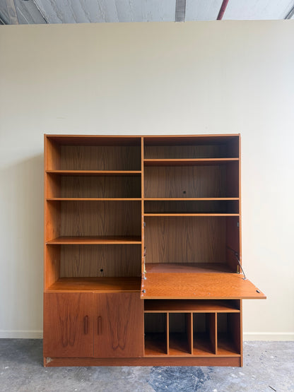 Danish teak shelving unit with drop down desk