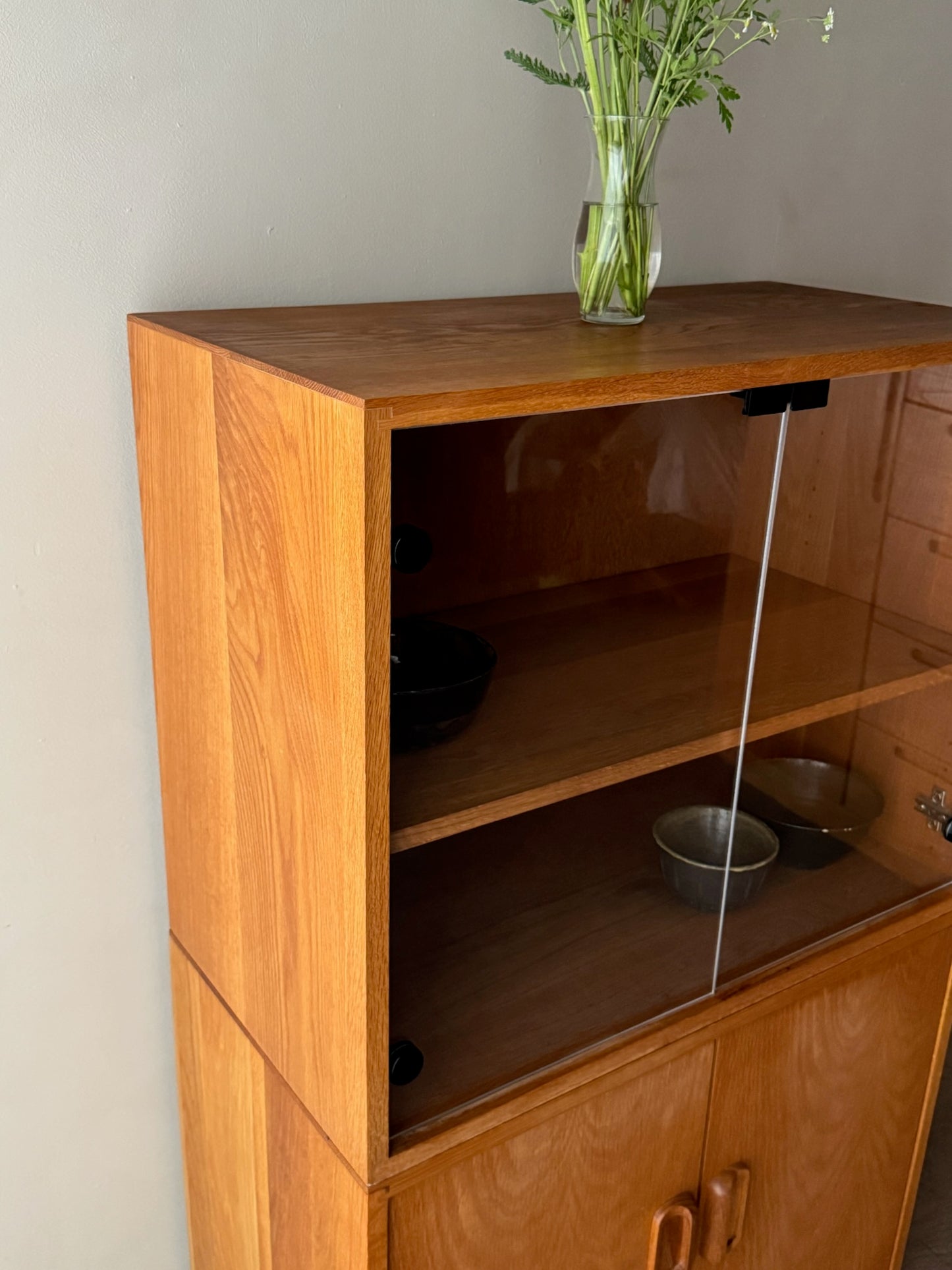 Oak two piece display cabinet