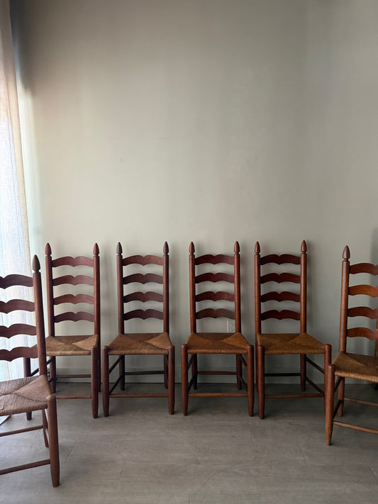 Cherry ladder back rush seat dining chairs. Sold in pairs.