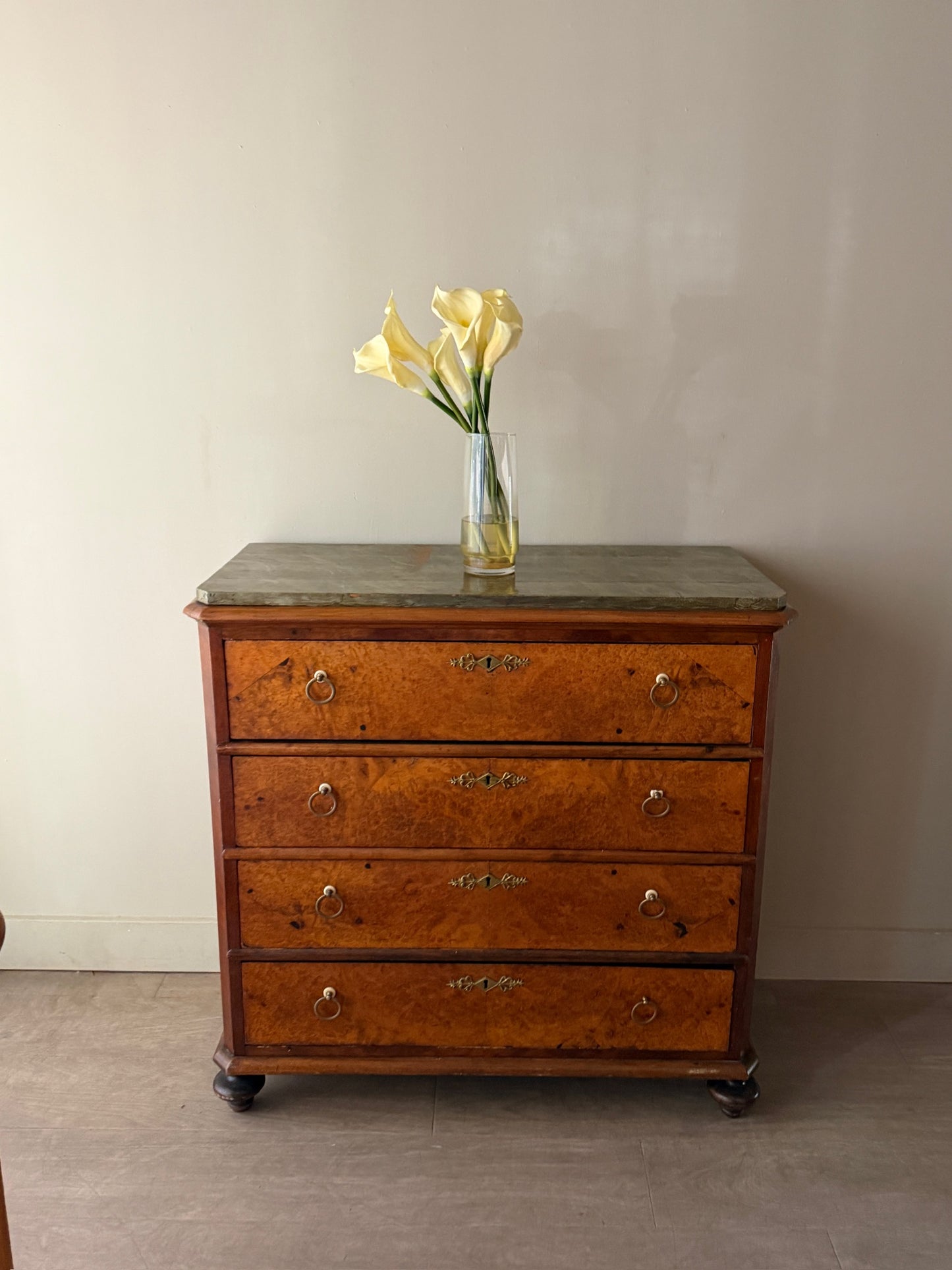 Swedish burl walnut painted marble dresser