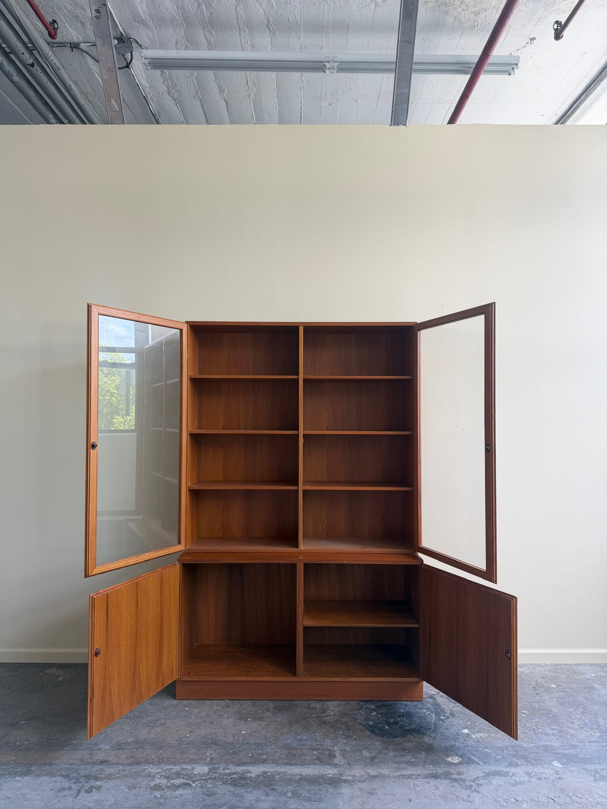 Danish teak two piece display hutch