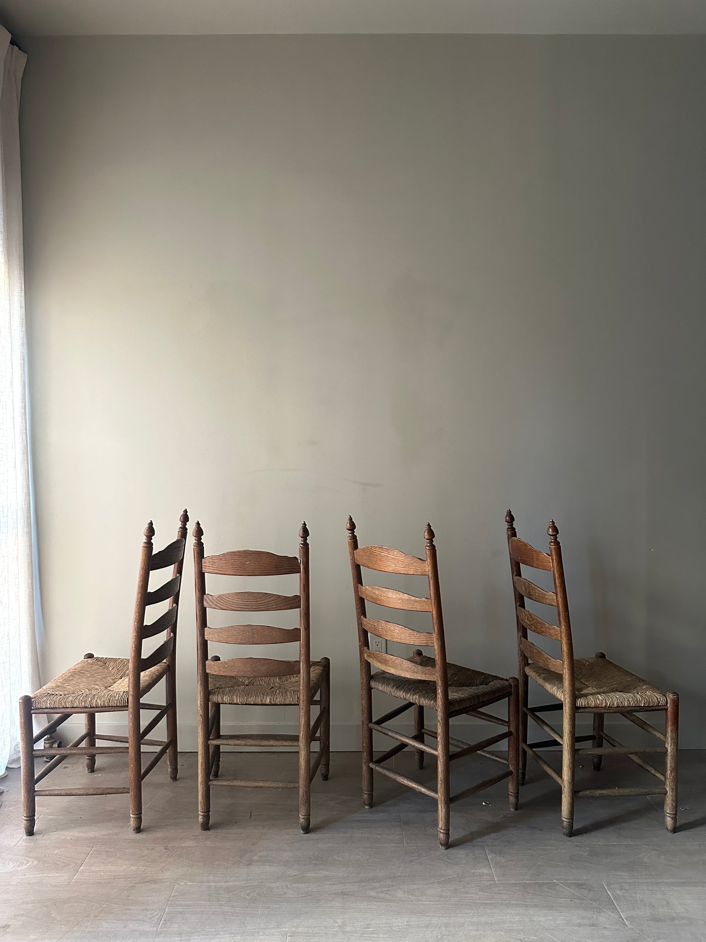 4 Medium oak and rush seat dining chairs. (Sets of 2)