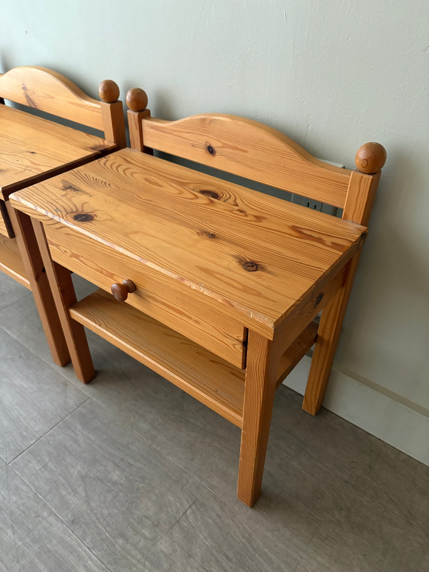 Swedish pine nightstands. Sold as a pair.
