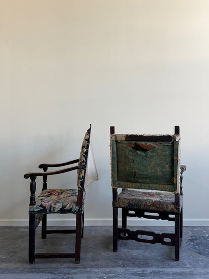 Italian Baroque upholstered walnut armchairs (left)
