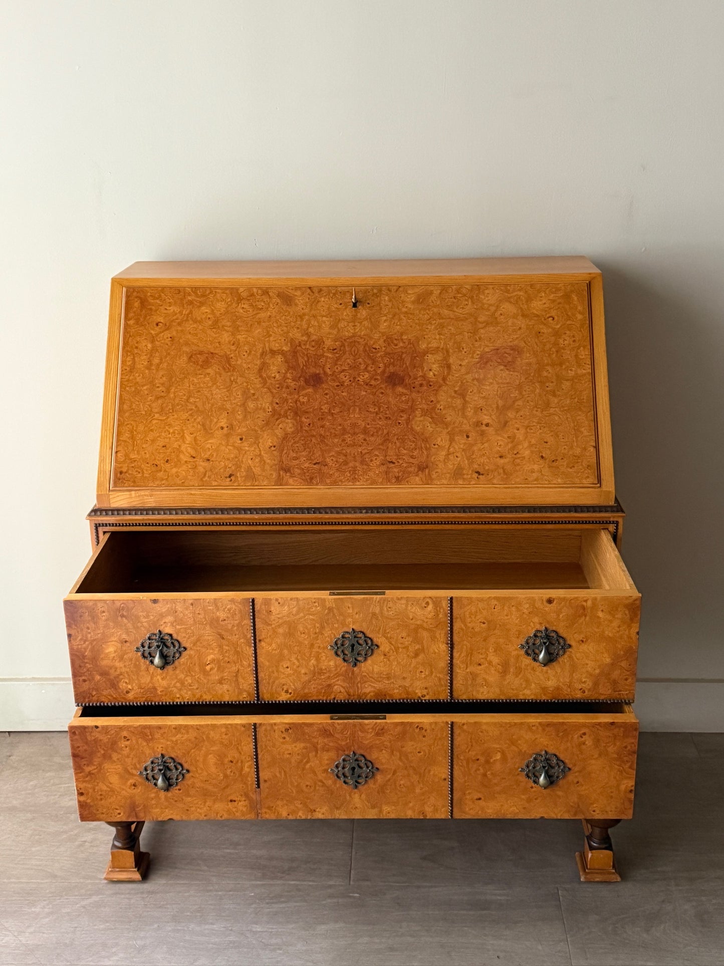 Swedish burl walnut secretary dresser
