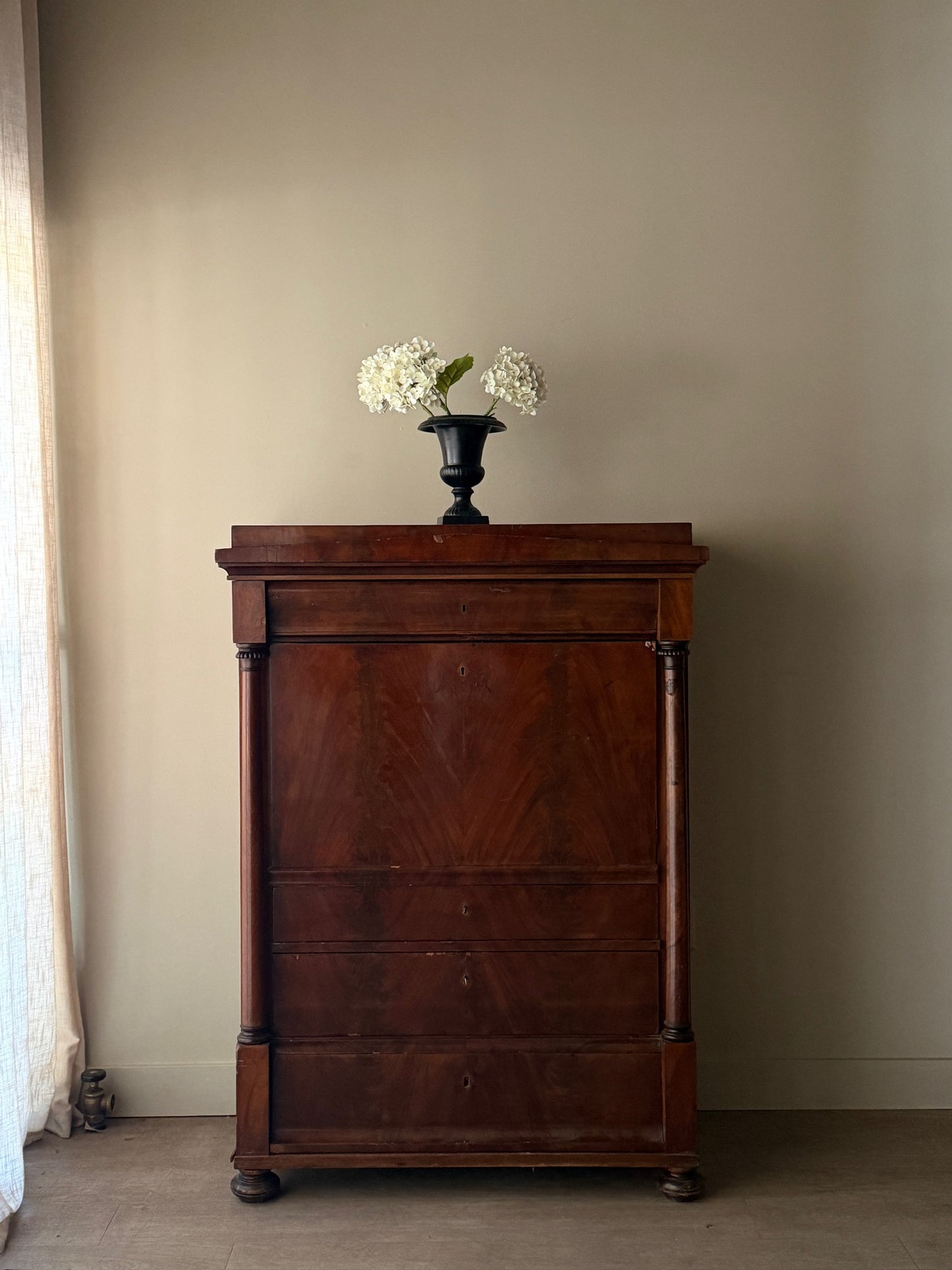Burl mahogany secretary chest