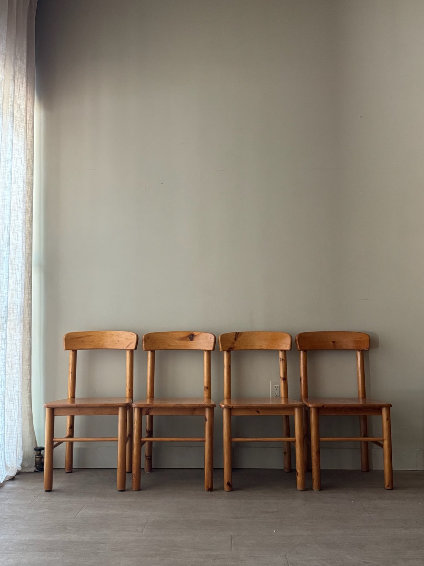 Danish pine dining chairs. Sold in pairs.