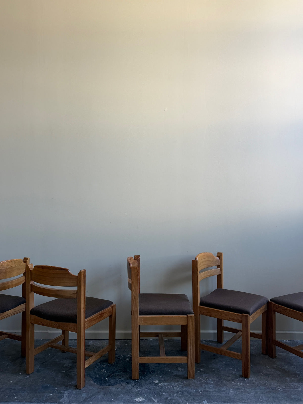 Swedish pine upholstered dining chairs. Sold individually.