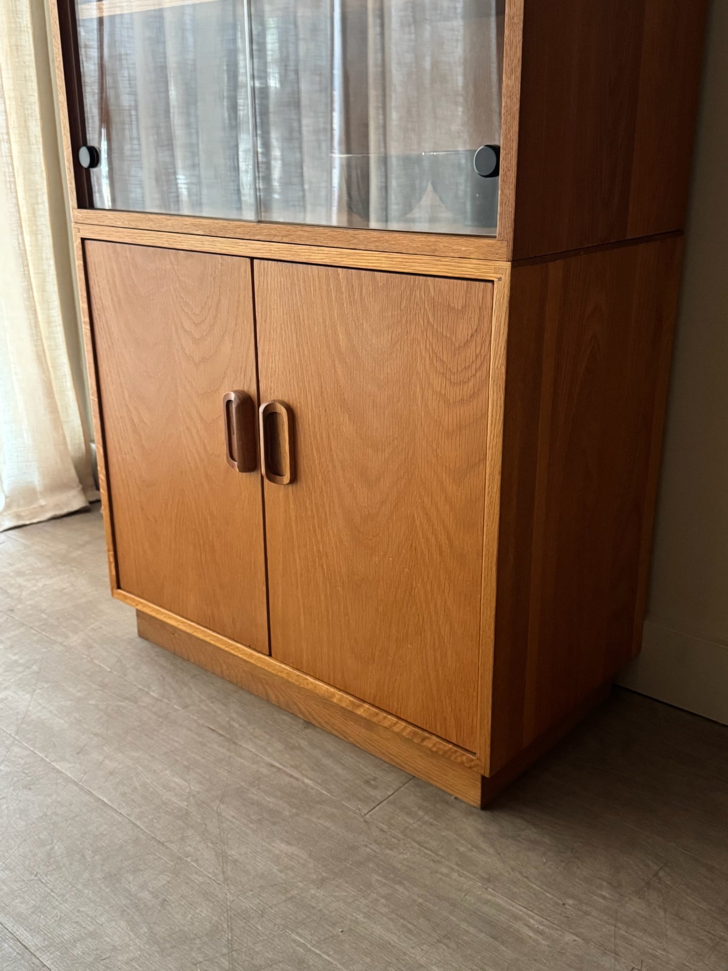 Oak two piece display cabinet